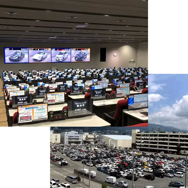 Japońska sala aukcyjna z komputerami i ekranami do licytacji oraz parking z samochodami gotowymi do eksportu